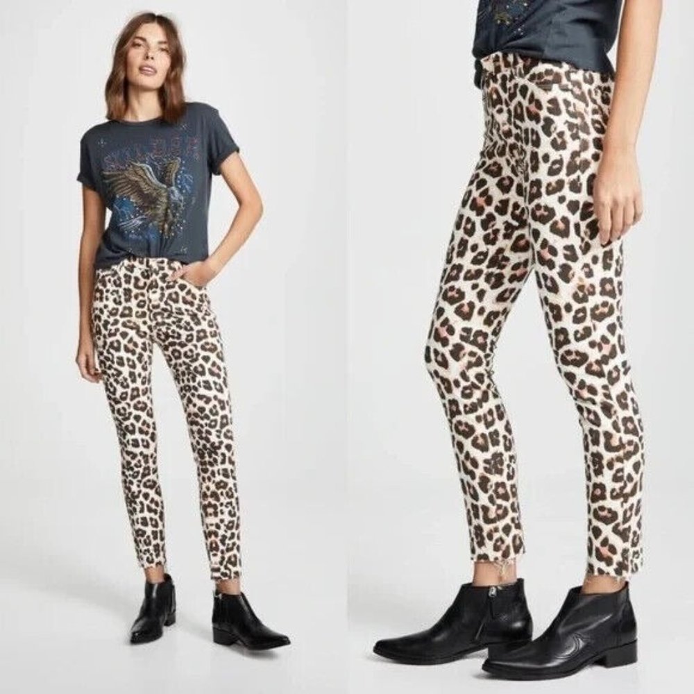 MOTHER High Rise Leopard Print Skinny Jeans - Cream, Brown, Black